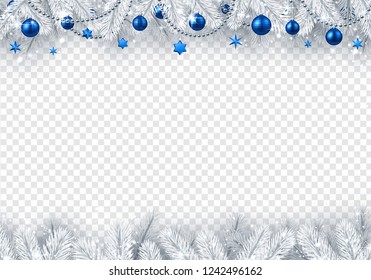 Christmas and New Year poster with white fir branches and blue Christmas balls. Vector transparent background.