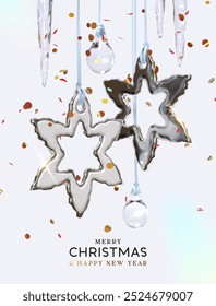 Christmas and New year poster and Xmas banner. Realistic 3d silver glass snowflake, bauble ornaments hanging with icicles, falling confetti shape gold stars on white background. Vector illustration