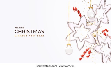 Christmas and New year poster and Xmas banner. Realistic 3d silver glass snowflake shape stars, bauble ornaments hanging with candy cane, gold falling confetti on white background. Vector illustration