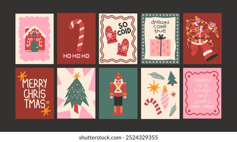 Christmas new year posters in cartoon style. Holiday gifts, santa, christmas tree, coziness. Holiday seasonal vector postcards in retro groovy style. picture for wall and for printing	