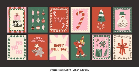 Christmas new year posters in cartoon style. Holiday gifts, santa, christmas tree, coziness. Holiday seasonal vector postcards in retro groovy style. picture for wall and for printing	