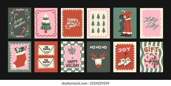 Christmas new year posters in cartoon style. Holiday gifts, santa, christmas tree, coziness. Holiday seasonal vector postcards in retro groovy style. picture for wall and for printing	