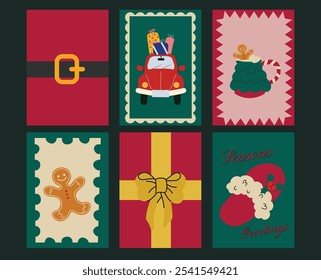 Christmas New Year posters in cartoon style. Holiday gifts, presents, ginger cookie, belt, coziness. Holiday seasonal vector postcards in retro groovy style. picture for wall and for printing