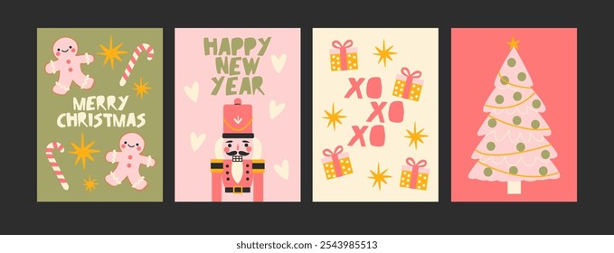 Christmas New Year posters in cartoon style. Holiday gifts, nutcracker, gingerbread, New Year tree, coziness. Holiday seasonal vector cards in retro style. Picture for wall and for printing