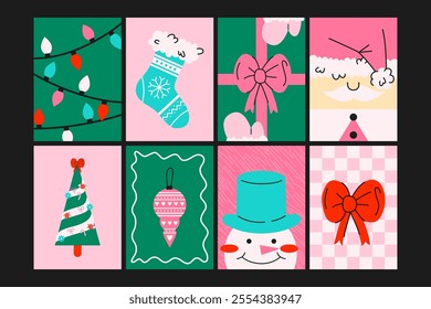 Christmas new year posters in cartoon style. Garland, snowman, christmas tree, coziness. Holiday seasonal vector posters in retro groovy style. Picture for wall and for printing