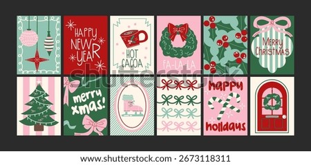 Christmas new year posters in cartoon style. Holiday gifts, santa, christmas tree, coziness. Holiday seasonal vector postcards in retro groovy style. picture for wall and for printing	