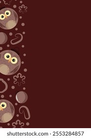 christmas or new year posters with round baubles and different christmas toys with brown owl design on a brown background, for different holiday ads and banners