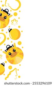 christmas or new year posters with round balls and different christmas toys with yellow giraffe design, for different holiday ads and banners