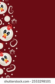 christmas or new year posters with round balls and different christmas toys with white rooster design on a red background, for different holiday ads and banners