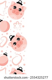 christmas or new year posters with round balls and different christmas toys with pink pig design, for different holiday ads and banners