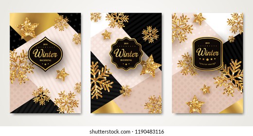 Christmas and New Year posters set with gold snowflakes. Vector illustration. Black frames with place for text on trendy geometric backdrop. Winter template design for invitations or vouchers.