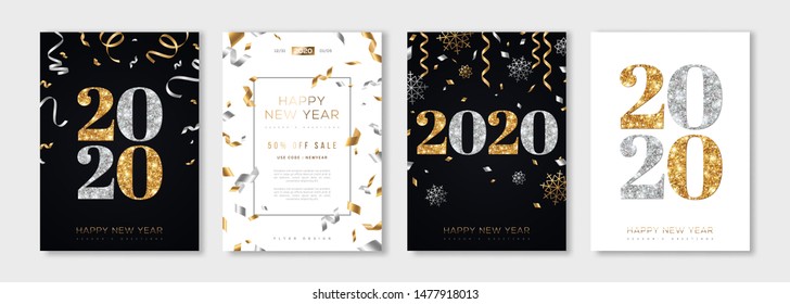 Christmas And New Year Posters Set With Gold And Silver Confetti And 2020 Numbers. Vector Illustration. Winter Holiday Invitations With Snowflakes And Streamers