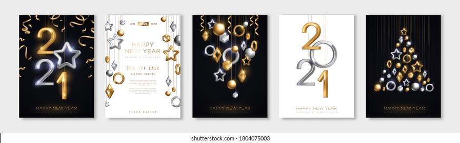 Christmas and New Year posters set with hanging gold and silver 3d baubles and 2021 numbers. Vector illustration. Winter holiday invitations with geometric decorations