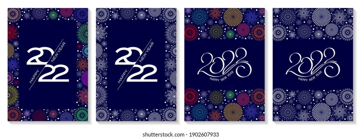 Christmas and New Year posters set with white and colorful fireworks and 2022 numbers. Vector illustration. Winter background, banner, cover, greeting card, social media splash, cover.