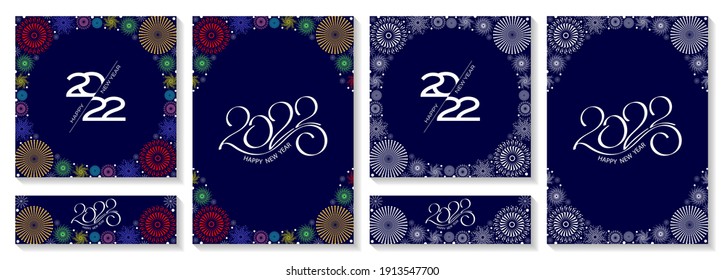 Christmas and New Year posters set with white and colorful fireworks and 2022 numbers. Vector illustration. Winter background, banner, cover, greeting card, social media splash, cover.