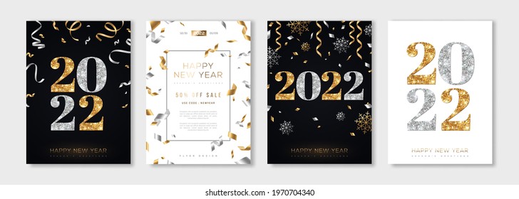 Christmas and New Year posters set with gold and silver confetti and 2022 numbers. Vector illustration. Winter holiday invitations with snowflakes and streamers