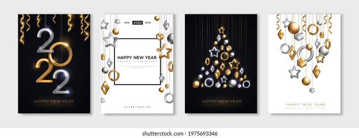 Christmas and New Year posters set with hanging gold and silver 3d baubles and 2022 numbers. Vector illustration. Winter holiday invitations with geometric decorations