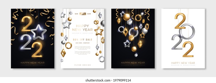 Christmas and New Year posters set with hanging gold and silver 3d baubles and 2022 numbers. Vector illustration. Winter holiday invitations with geometric decorations