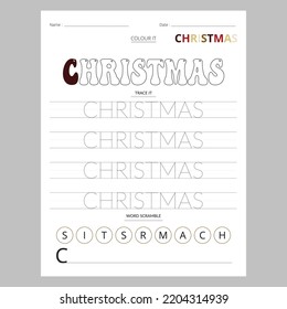 Christmas and new year preschool merry tracing worksheet.