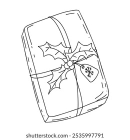 Christmas and New Year present. Hand drawn vector doodle element, gift box, festive holiday wrapping with Christmas decor with mistletoe. Isolated on white background