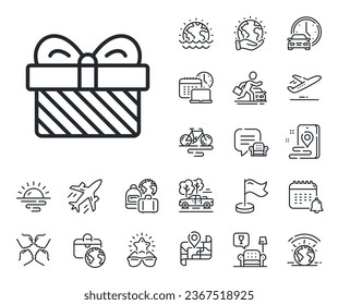 Christmas or New year present sign. Plane jet, travel map and baggage claim outline icons. Gift box line icon. Surprise symbol. Gift line sign. Car rental, taxi transport icon. Place location. Vector