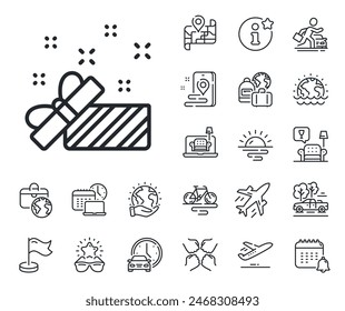 Christmas or New year present sign. Plane jet, travel map and baggage claim outline icons. Gift box open line icon. Surprise symbol. Present line sign. Car rental, taxi transport icon. Vector