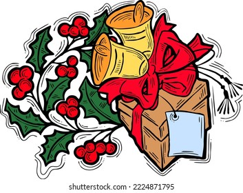 Christmas and New Year present, xmas gift. Decorative elements design vector composition for poster print, party celebration invitation, sale promotion banner. Hand drawn cartoon style illustration.