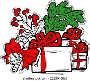 Christmas and New Year present, xmas gift. Decorative elements design vector composition for poster print, party celebration invitation, sale promotion banner. Hand drawn cartoon style illustration.