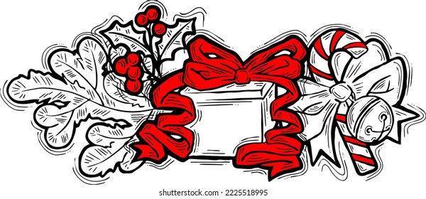 Christmas and New Year present, xmas gift. Decorative elements design vector composition for poster print, party celebration invitation, sale promotion banner. Hand drawn cartoon style illustration.