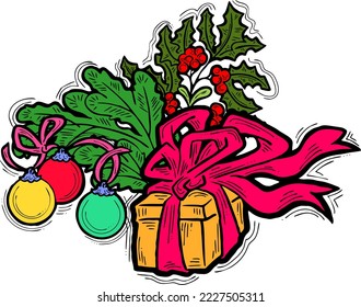 Christmas and New Year present, xmas gift. Decorative elements design vector composition for poster print, party celebration invitation, sale promotion banner. Hand drawn cartoon style illustration.