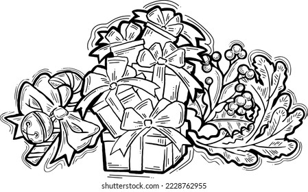 Christmas and New Year present, xmas gift. Decorative elements design vector composition for poster print, party celebration invitation, sale promotion banner. Hand drawn cartoon style illustration.