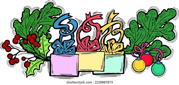 Christmas and New Year present, xmas gift. Decorative elements design vector composition for poster print, party celebration invitation, sale promotion banner. Hand drawn cartoon style illustration.
