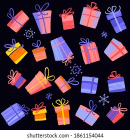 Christmas and New Year presents. Decorative vector seamless pattern with winter holidays gift boxes. Colorful illustration in modern flat style with dry brush texture.