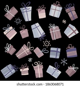 Christmas and New Year' presents. Decorative vector seamless pattern with winter holiday gift boxes. Trends color illustration in modern flat style with dry brush texture.