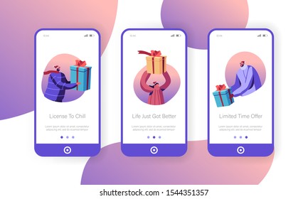 Christmas and New Year Presents Mobile App Page Onboard Screen Set. Happy People in Santa Hats Holding Gift Boxes. Xmas Celebration Concept for Website or Web Page, Cartoon Flat Vector Illustration