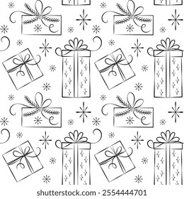 Christmas and New Year presents outline drawing seamless vector background, black and white design for wrapping paper, textile print, Christmas decorations.