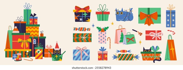 Christmas and New Year presents package set, Mountain of gifts. Boxes and bags with festive decorations like ribbons and bows, wrapping. Trendy modern isolated vector illustration, hand drawn, flat