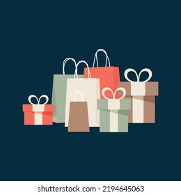Christmas and new year presents set. Gift boxes and gift bags. Vector illustration.