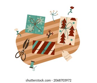 Christmas and New Year presents wrapping process. Pack gift boxes in craft paper and decorate with dry plants and label. Xmas celebration preparation. Cartoon flat vector ilustration