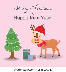 Christmas and New Year printed on a beautiful Christmas background with deer and gift trees. Merry Christmas Cards Vector Images