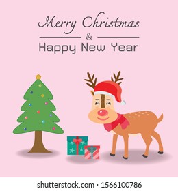 Christmas and New Year printed on a beautiful Christmas background with deer and gift trees. Merry Christmas Cards Vector Images