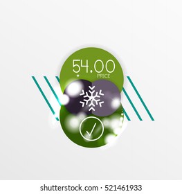 Christmas or New Year promo labels and stickers. Circle geometric diagrams with sample text