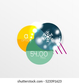 Christmas or New Year promo labels and stickers. Circle geometric diagrams with sample text