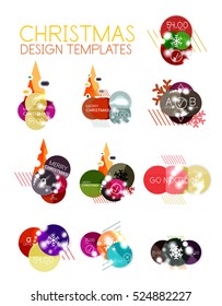 Christmas or New Year promo labels and stickers. Circle geometric diagrams with sample text