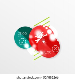 Christmas or New Year promo labels and stickers. Circle geometric diagrams with sample text