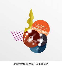 Christmas or New Year promo labels and stickers. Circle geometric diagrams with sample text