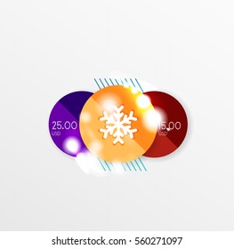 Christmas or New Year promo labels and stickers. Circle geometric diagrams with sample text