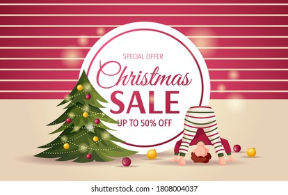 Christmas and New Year promo sale flyer with baby boy standing upside down, christmas tree and balls. Vector illustration for poster, banner, discount, special offer.