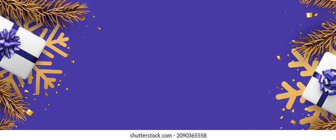 Christmas and New Year purple background banner. Golden fir, big snowflakes, gift box, confetti. For flyer, poster, leaflet. Top view. Space for text. Vector illustration.