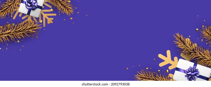 Christmas and New Year purple background banner. Golden fir, big snowflakes, gift box, confetti. For flyer, poster, leaflet. Top view. Space for text. Vector illustration.